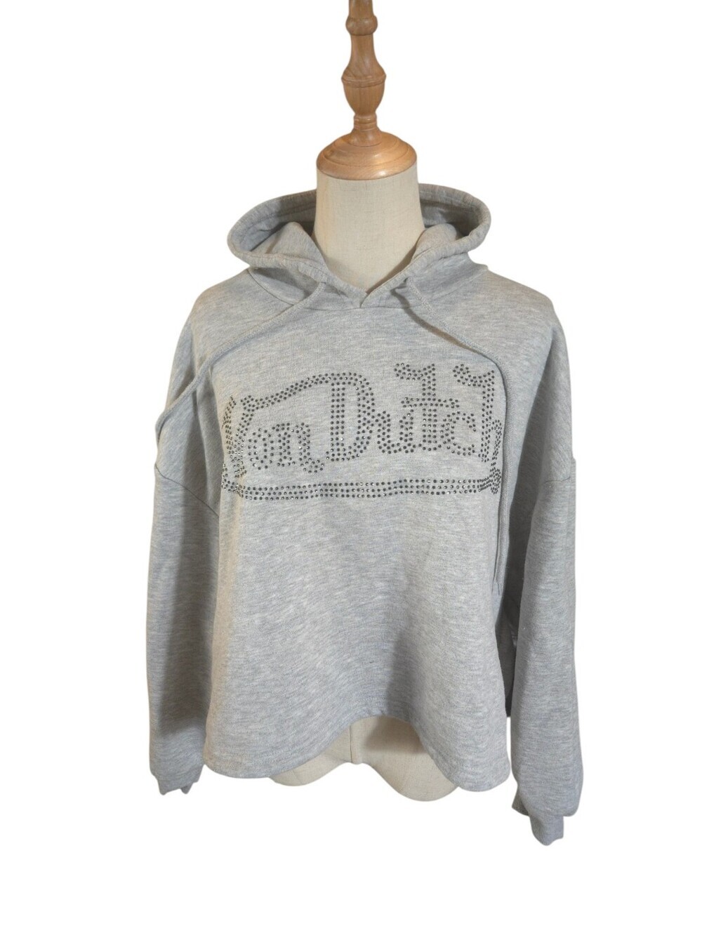 Von Dutch Light Gray Studded Rhinestone Cropped Logo Hoodie